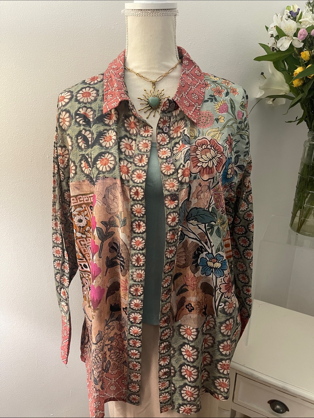 Natural Life Boho Patchwork Multi-Color Floral Button-Down Shirt